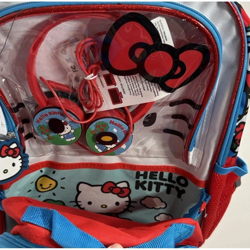 Hello Kitty 4 Piece‎ Backpack NWT Kids School Lunch Box Water Bottle Headphones